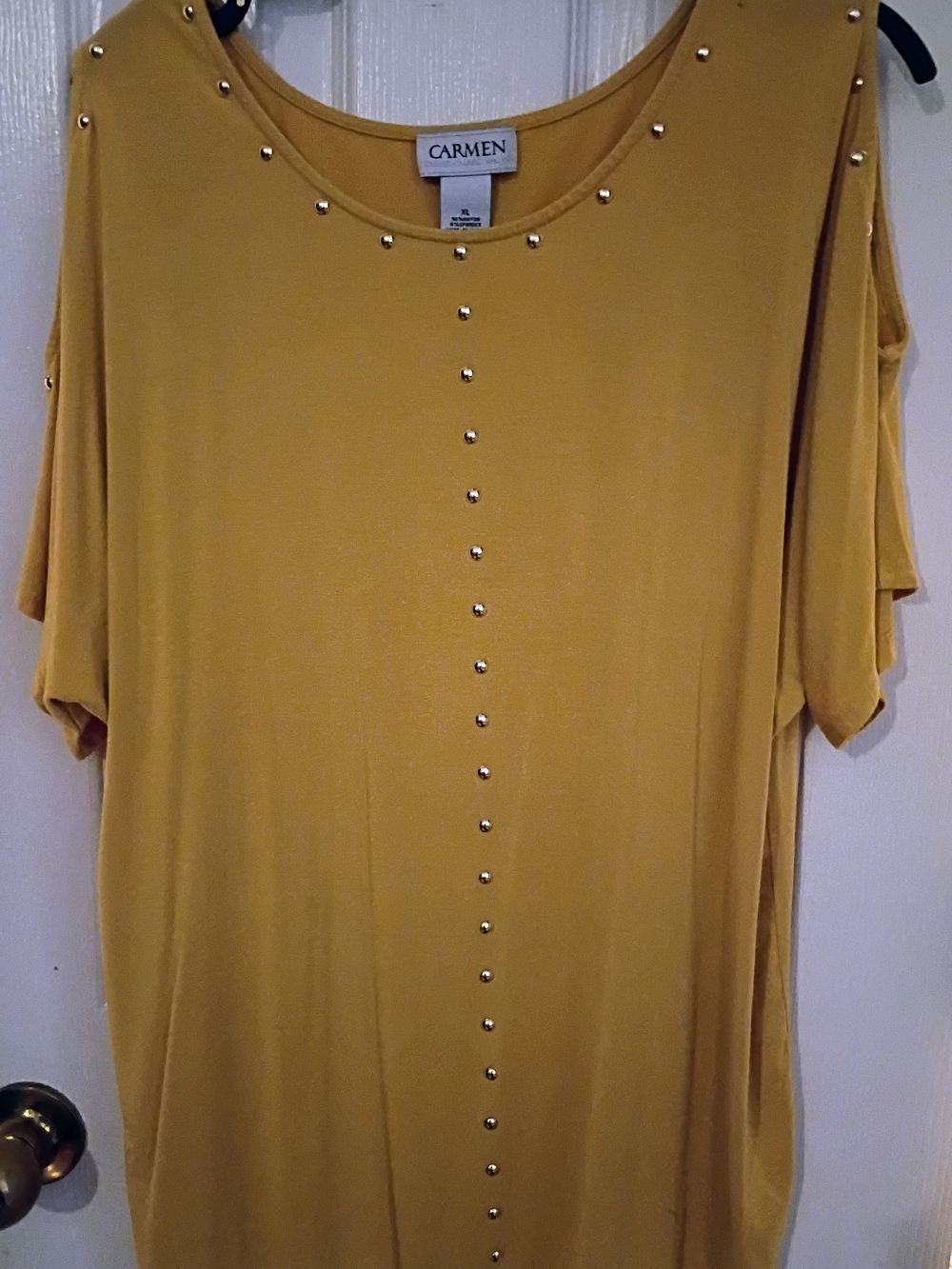 Carmen Marc Valvo Mustard Cold-Shoulder Top with Stud Trim